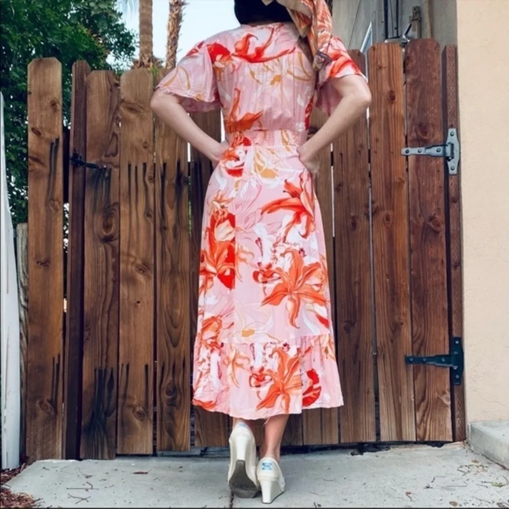 Pink Floral Lily Print High Low Maxi Dress Short Flutter Sleeve‎ Smocked Waist